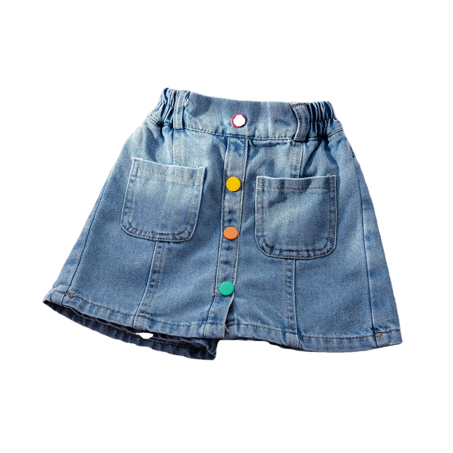Falda corta de mezclilla para niña, pantalones cortos con botones de arcoíris, estilo dulce y lindo, 2023