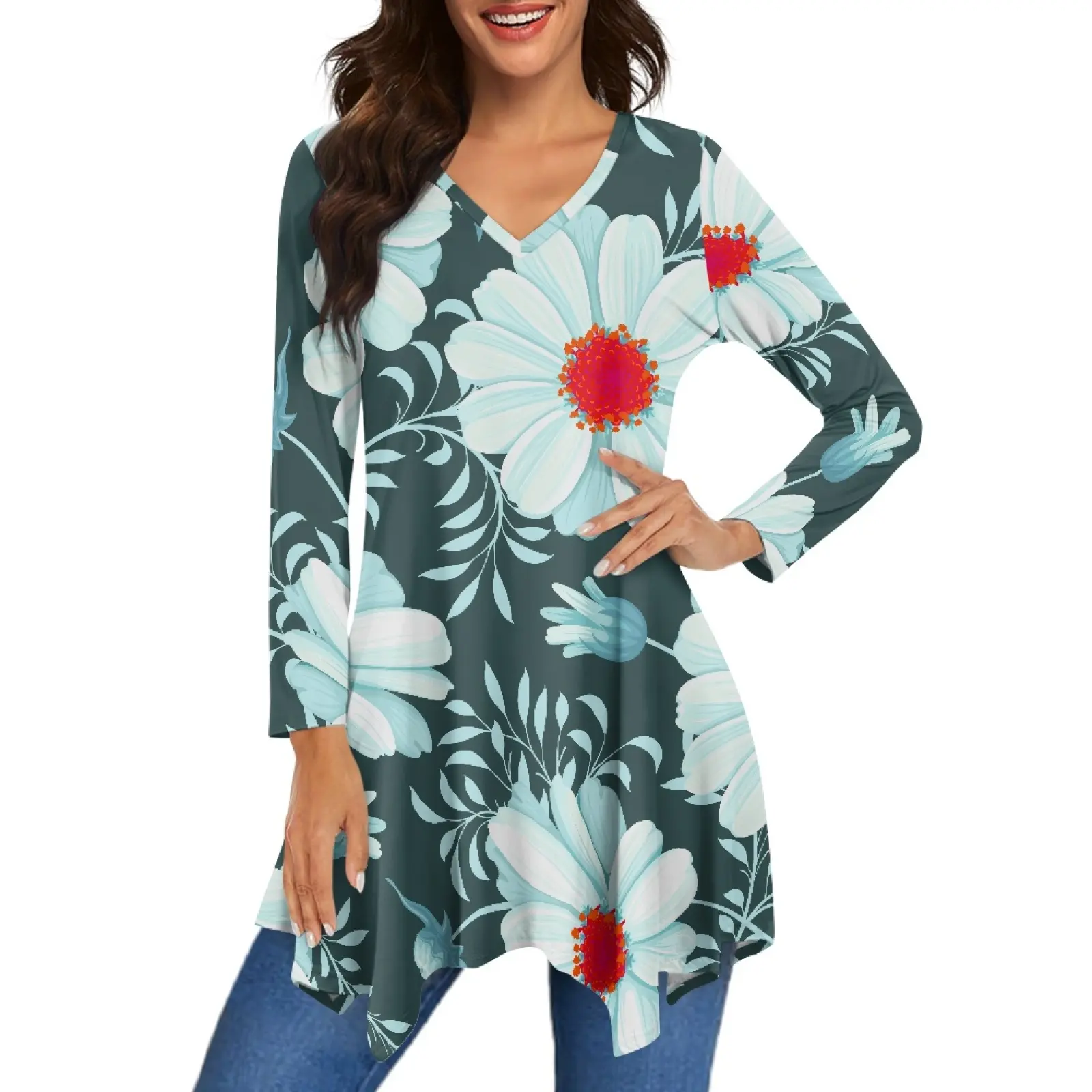 Aanpassen Hawaiiaanse Tuniek Tops Voor Dames Losse Pasvorm 3/4 Mouw Plus Size Dames Tunieken Chic Casual Gebloemde Swing Top Voor Leggings