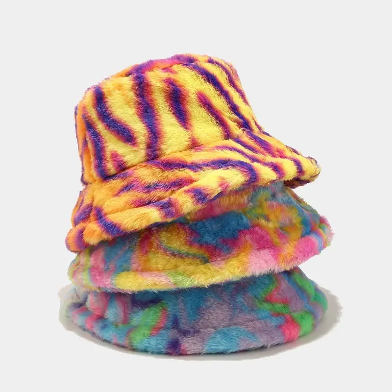Sombrero de otoño e invierno Felpa Arco Iris Tie-dye Gradient Faux Fur Warm Bucket Hat Fuzzy Winter Fisherman Cap