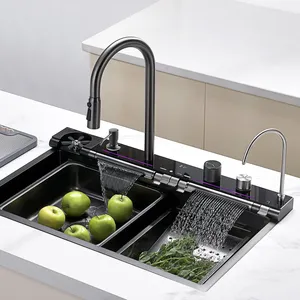 Fabrika satış yeni SUS 304 el yapımı çok fonksiyonlu Nano koyu gri alttan monteli mutfak lavabosu şelale musluk ile - Product Image 1