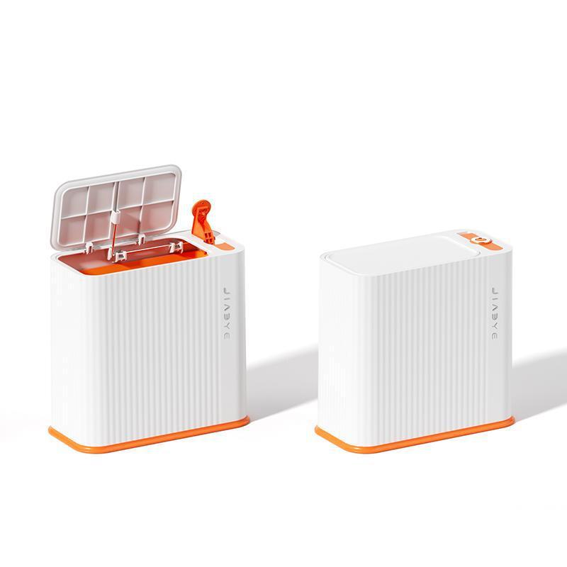 Push-down striped trash can - white and orange