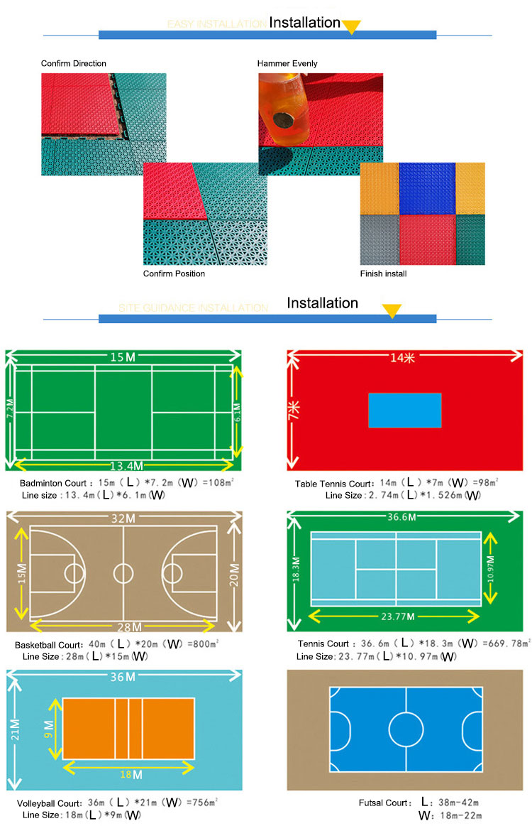 High Quality Interlocking Tiles Futsal Floor PP Plastic Suspended Modular Indoor Purple Yellow Green Hockey Basketball Red White