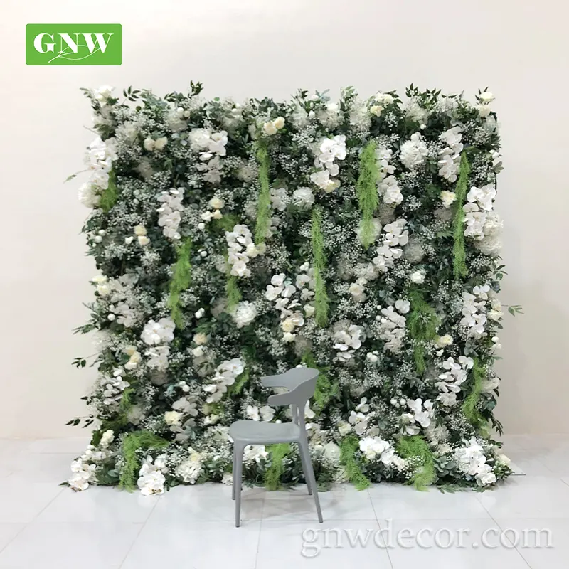 GNW verde della parete del fiore decorazione di cerimonia nuziale con il bianco appendere orchidea e gypsophila 3d da parete