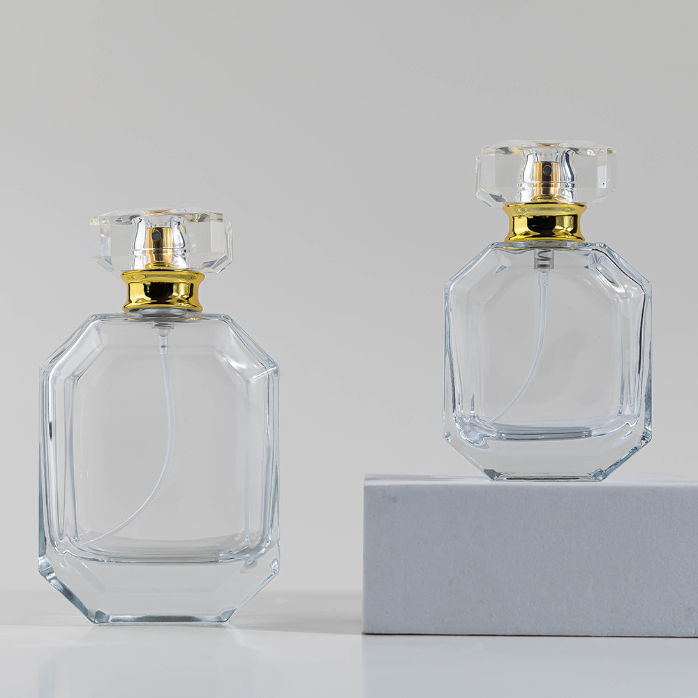Bouteille en verre transparent + bouchon T transparent + vaporisateur doré