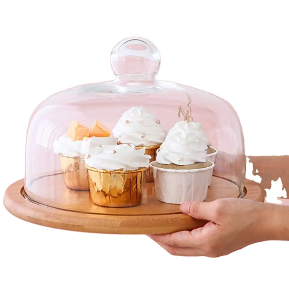 Dôme de gâteau Cloche en acrylique Support à gâteau en bambou de 8 pouces avec plateau en dôme en acrylique Assiette à gâteau ronde avec couvercle en acrylique