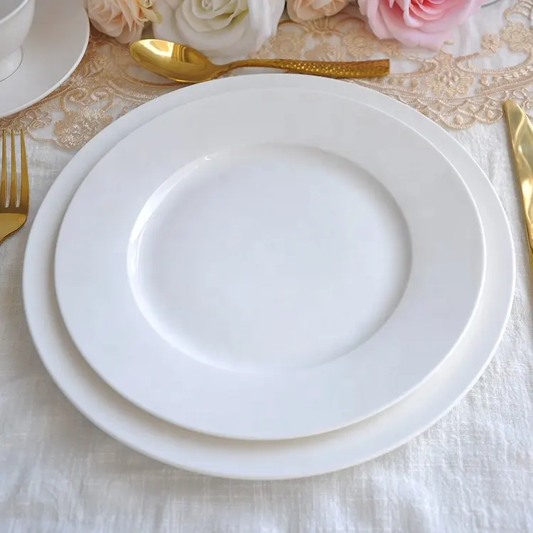 Calcomanía impresa personalizada con logotipo personalizado, juego de platos de cena de porcelana de hueso de cerámica blanca para platos almacenados de boda