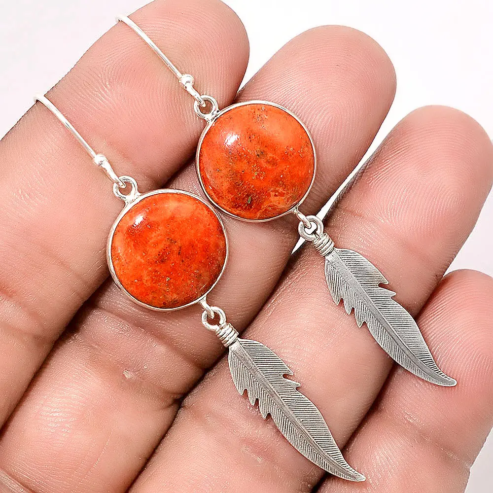 Natural Feather Sponge Coral 925 Sterling Silver Earrings Jewelry SDE14888 E-1079 Round Gemstone Earring Dangle Earring