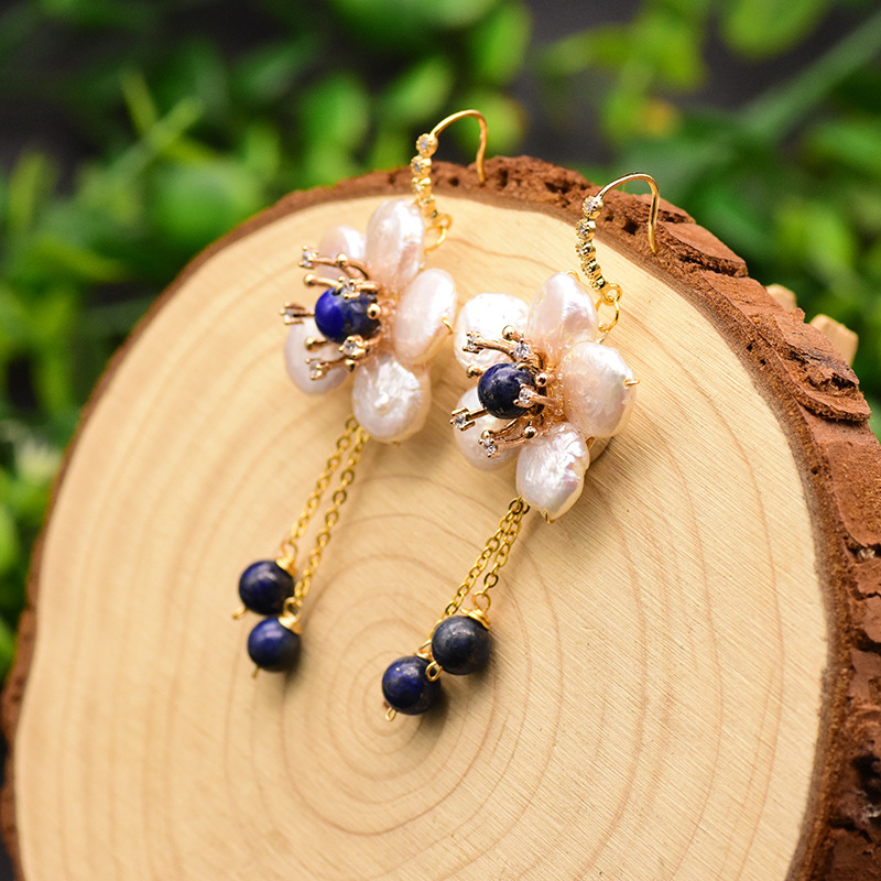 GE0897-8 Boucles d'oreilles pétale et perle de qualité supérieure en lapis-lazuli