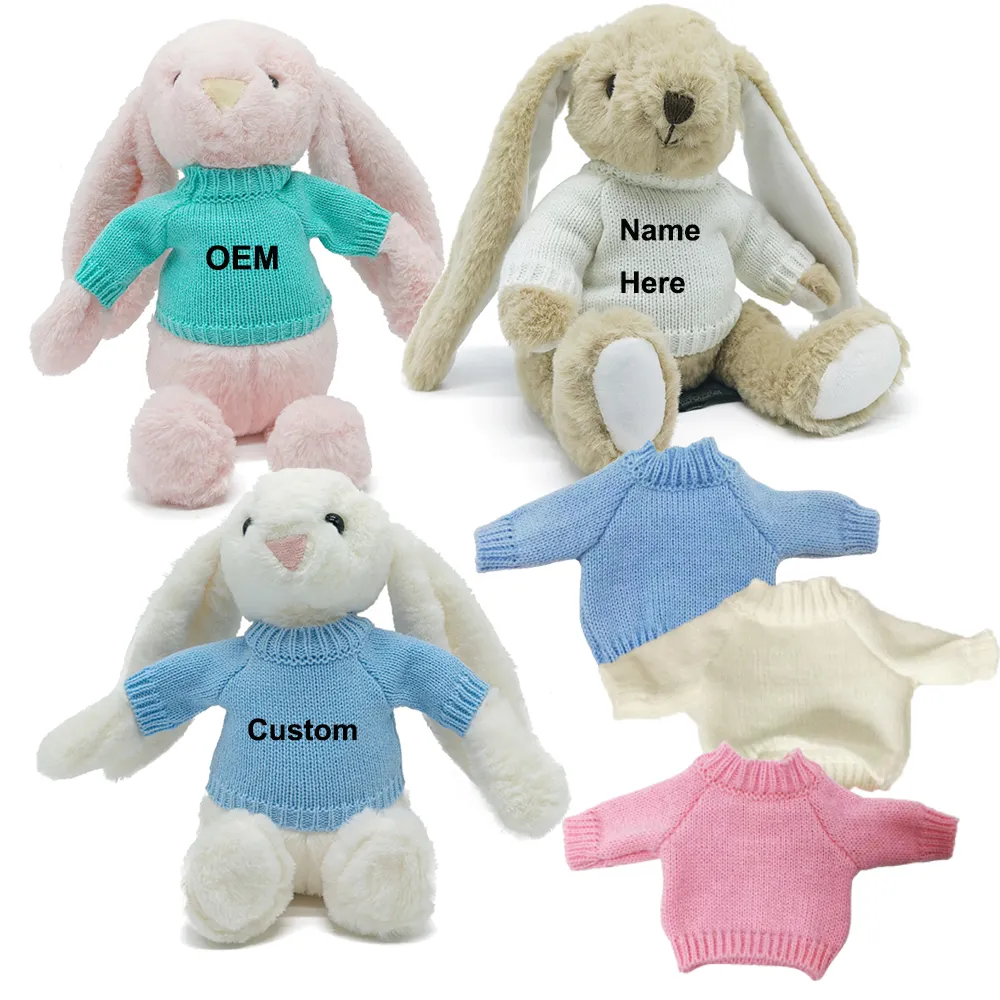 LOW MOQ Long Eared Bunny Kaninchen Plüsch tier Benutzer definierte Kinder Name Bunny Soft Toys Mit Stick pullover