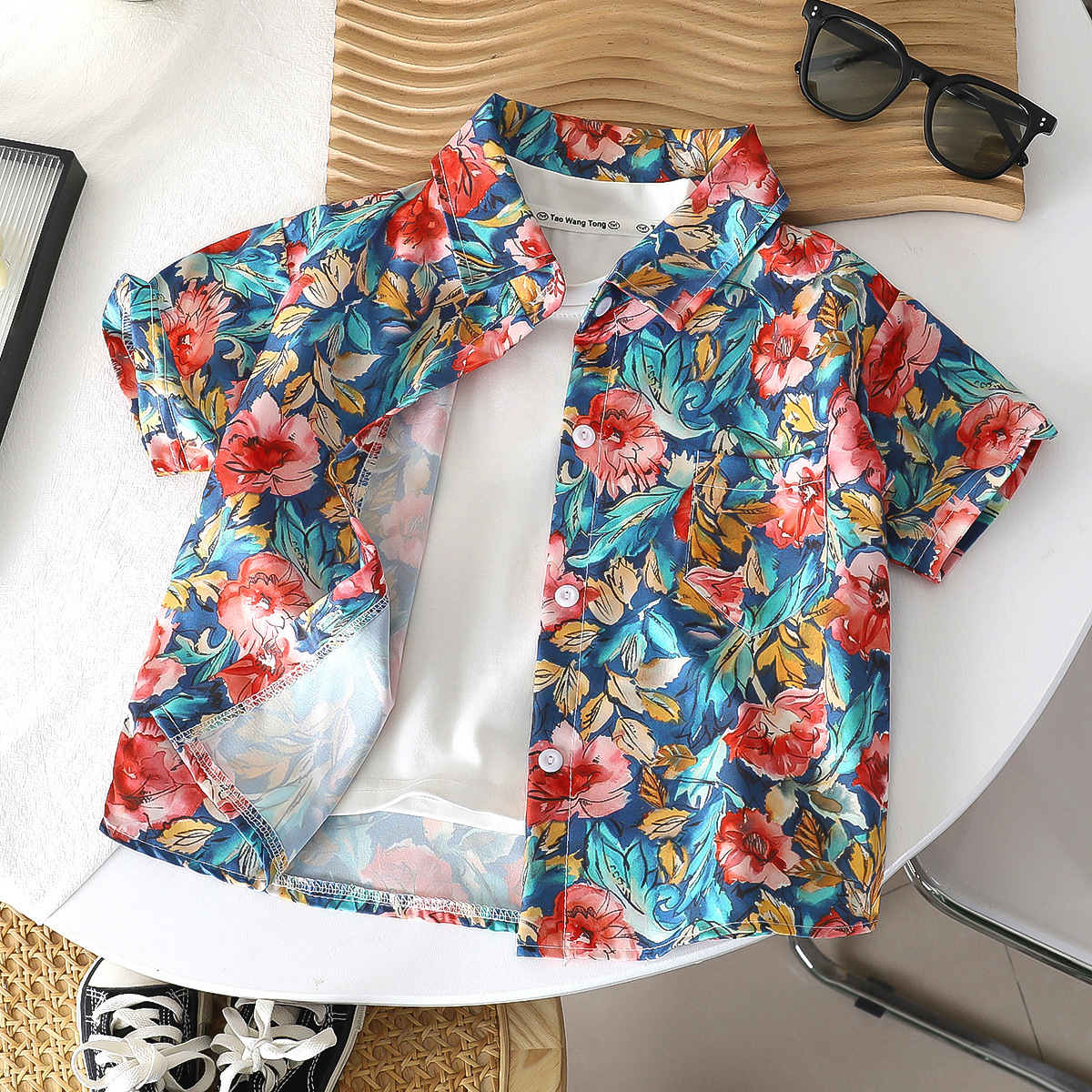 Chemise une pièce Csl fleurs bleues rouges