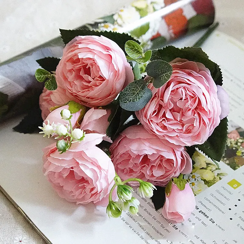 गुलाबी 5 शाखाओं इंग्लैंड गुलाब कृत्रिम रेशम गुलाब गुलदस्ता फूलदान घर सजावट के लिए