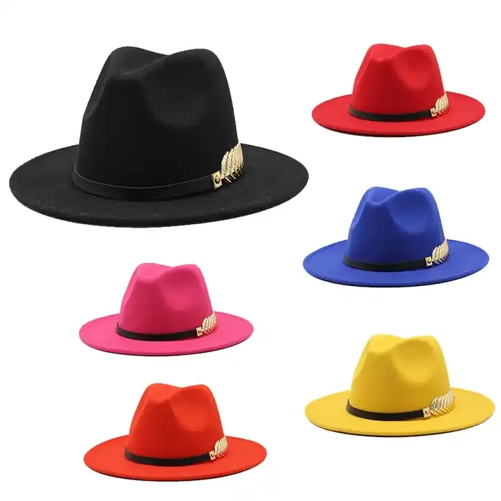 Venta al por mayor Vintage estilo británico señora ala plana ancha Jazz Cap con cadena fieltro clásico Simple Top elegante lana Fedora hombres sombrero