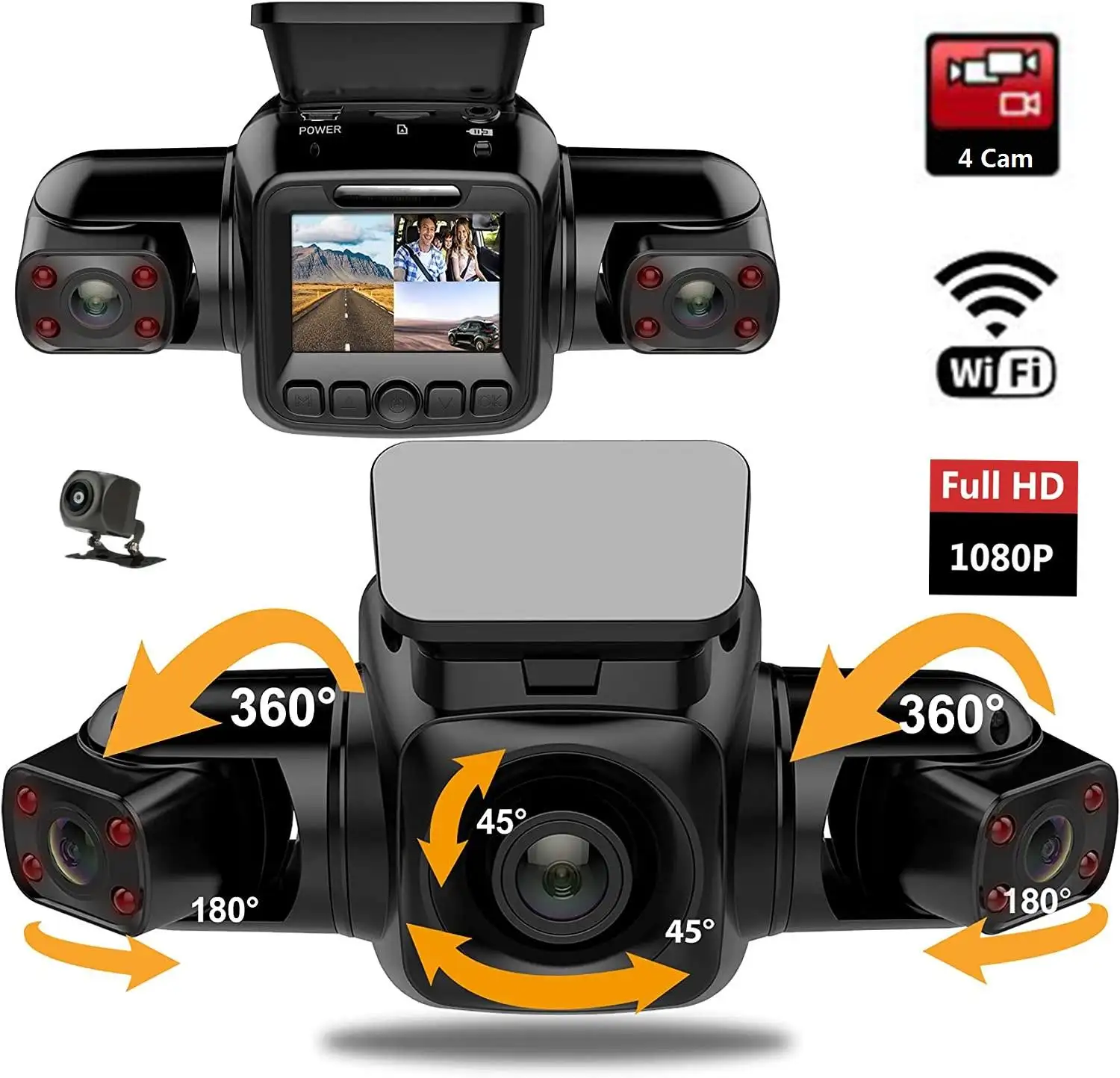 كاميرا 4 Camera p + p للسيارة Dvr Wifi جهاز تسجيل نظام تحديد المواقع للرؤية الليلية عدسة مزدوجة كاميرا داش مع كاميرا فيديو ثلاثية القنوات للرؤية الخلفية
