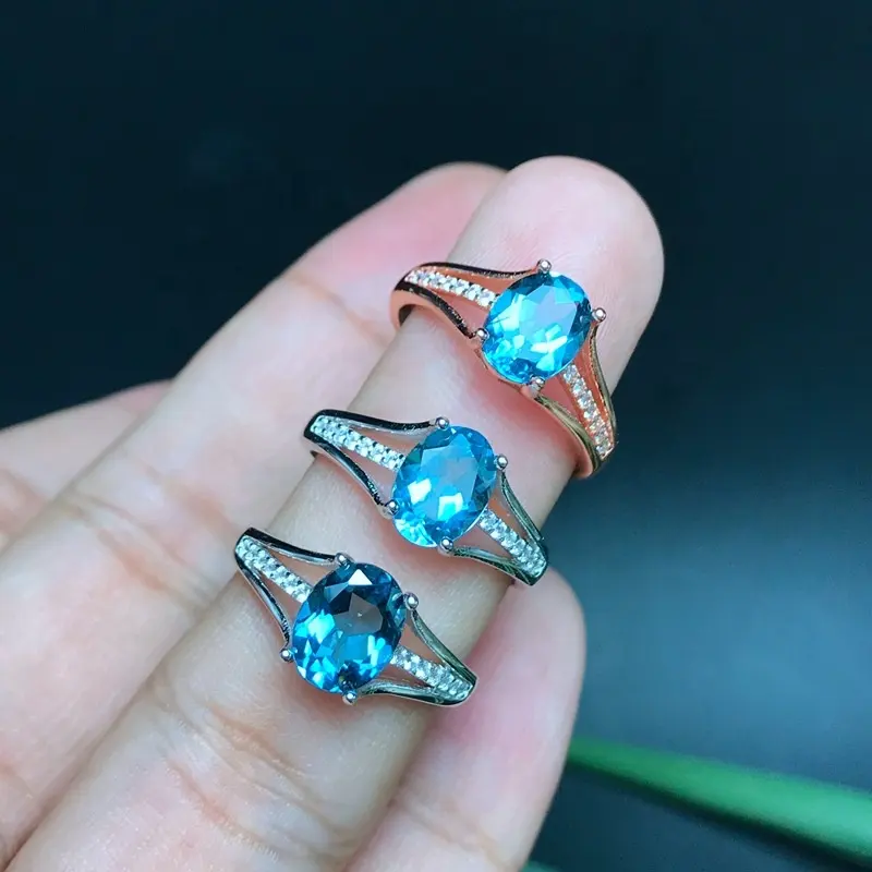 Joyería de moda de Plata de Ley 925 personalizada, piedra preciosa natural, anillo de piedra de Topacio Azul londinense ajustable para mujer