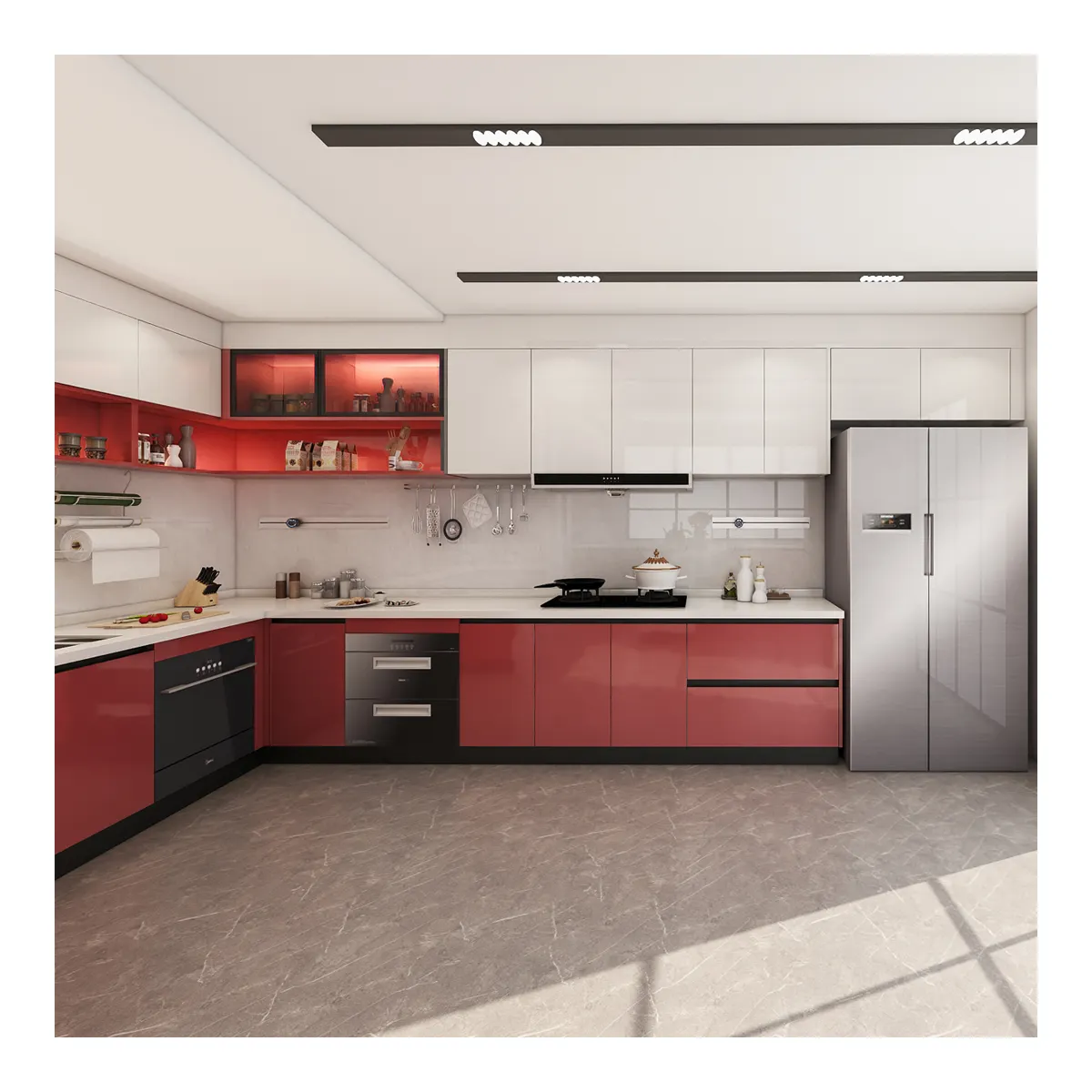 Modern prefabrik modüler mutfak modüler mutfak camı paslanmaz çelik mutfak dolabı