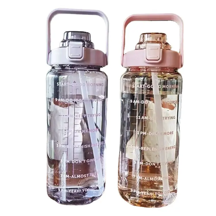 Dégradé de couleur 2000ml d'eau en plastique transparent, bouteille Tritan PP bouteille d'eau avec échelle de temps