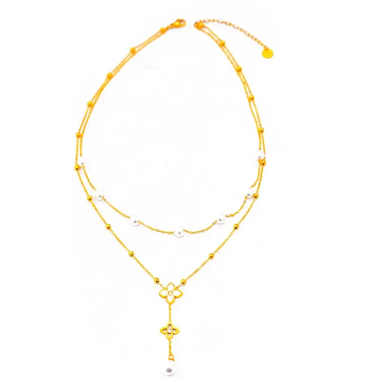 Nuova collana di nappe a doppio strato di perle con fiore irregolare in acciaio al titanio placcato gioielli in oro 18k