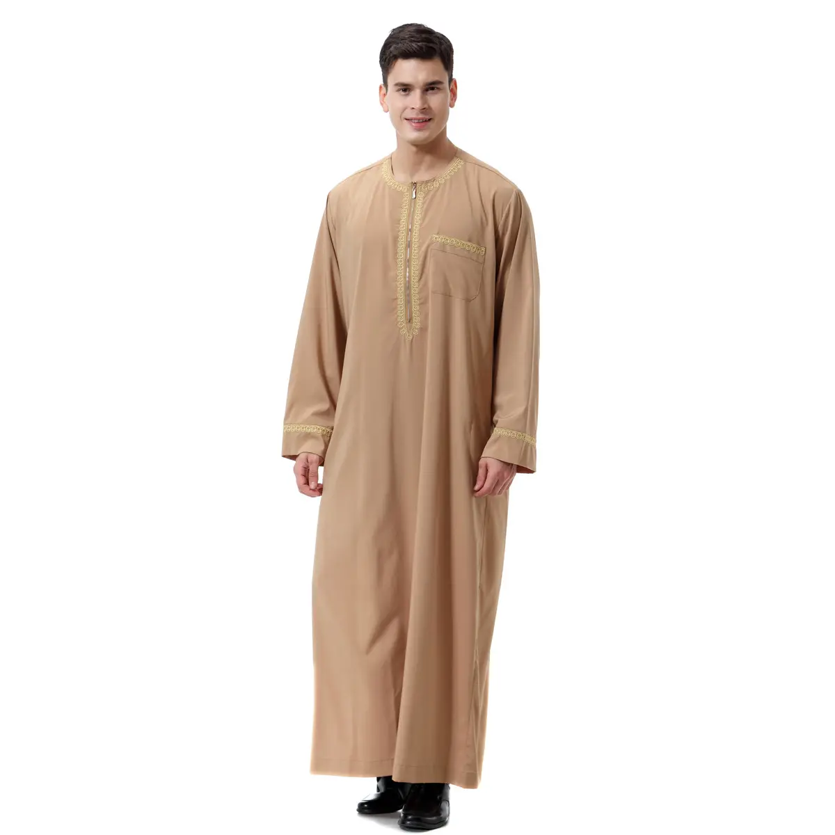 Preço de fábrica Médio Oriente Men's Robe Crew Pescoço Abaya Manga Longa Muçulmano Thobe para Homens