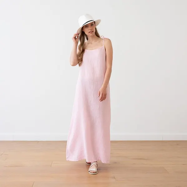 2024 vestidos de mujer rosa claro personalizados largos Maxi cuello redondo color sólido ropa de mujer vestido de lino