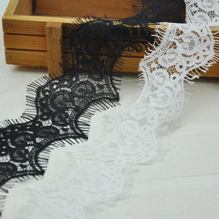 Fita de laço de fábrica chinesa, preto e branco, venda por rolo, decorativa para vestido de noiva de renda preta WLCD-045