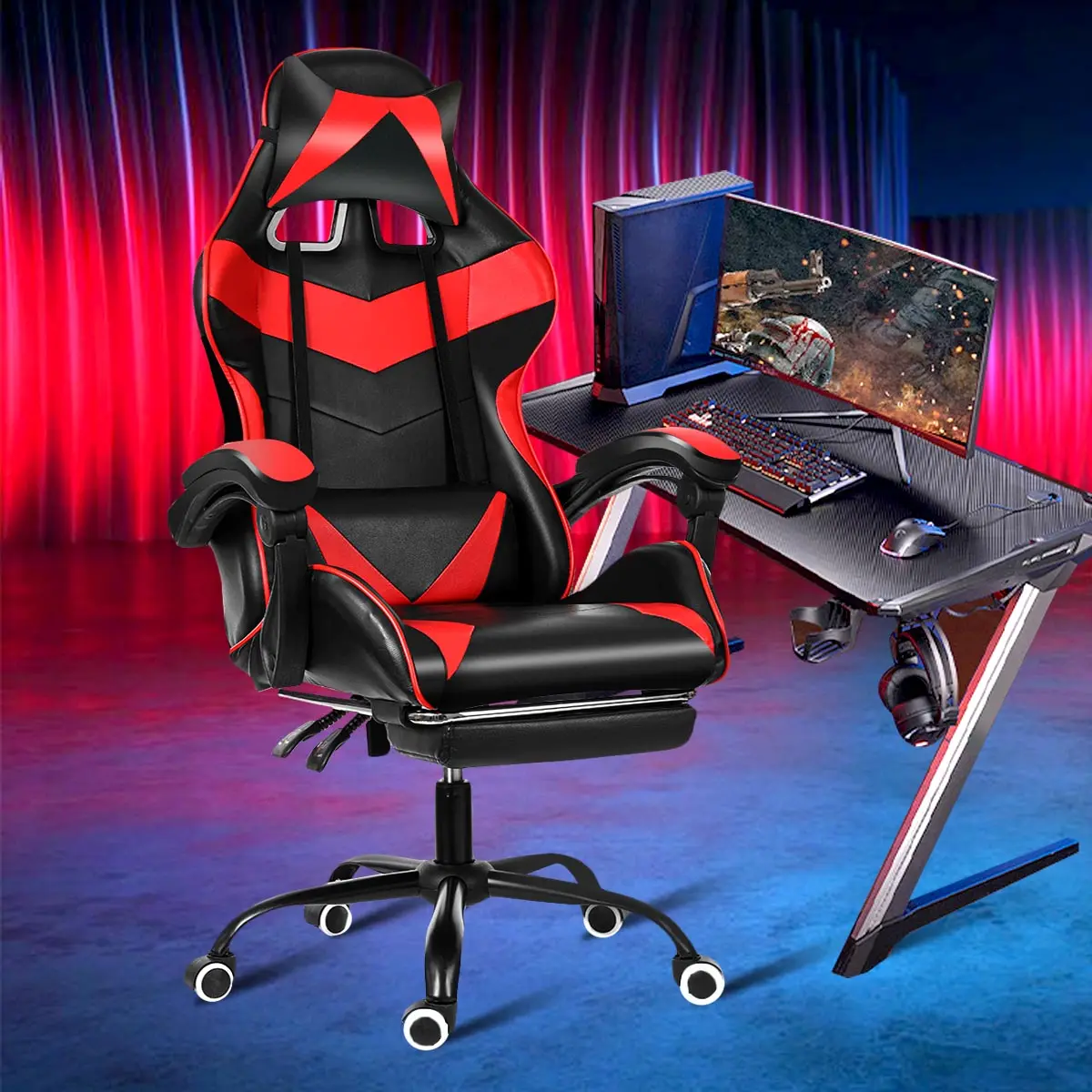Cadeira de computador eletrônica, apoio de braço giratório econômico rgb gamer com descanso para o pé preto