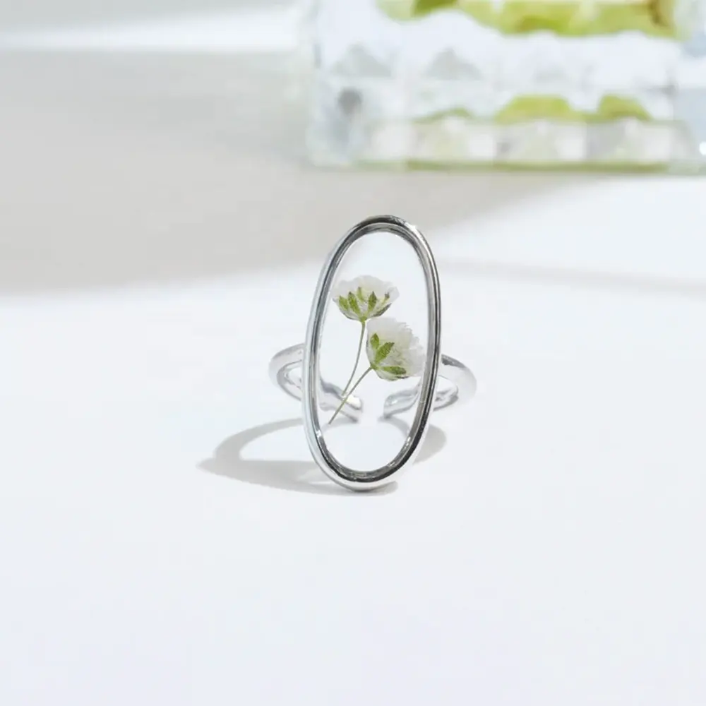 Wholesale factory price classic flower jewelry 925 silver gold real flower Elliptical resin rings