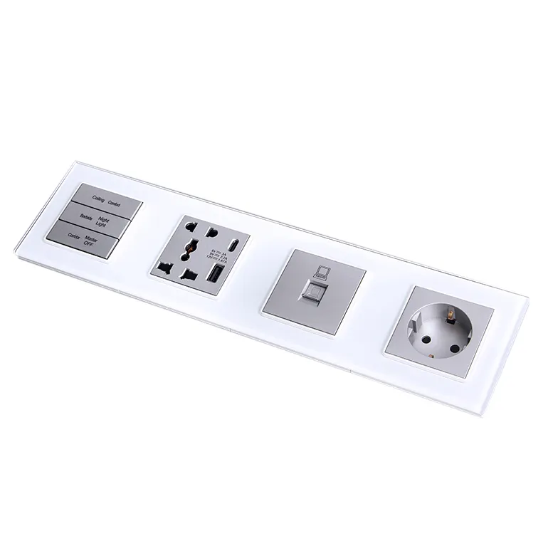 White Tempered Glass Smart Hotel Home Using 4 Connected USB+Type C Charging Push Button Switch European Wall Socket