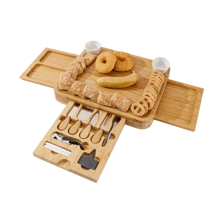 Tabla de madera grande con bandejas apilables, tabla de cortar de bambú con contenedores, tapas y ralladores con mango de fácil agarre