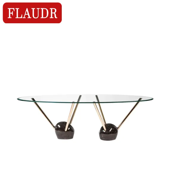 Contemporâneo simples oval vidro transparente, tops e base de mármore de aço inoxidável doméstico mesa de jantar