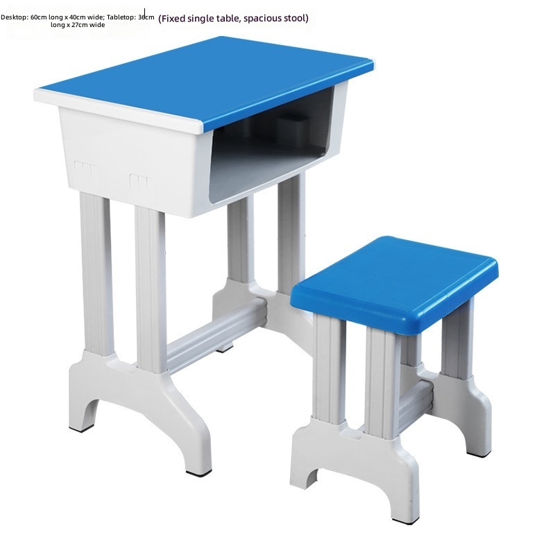 Fixed white-edged single desk and stool set