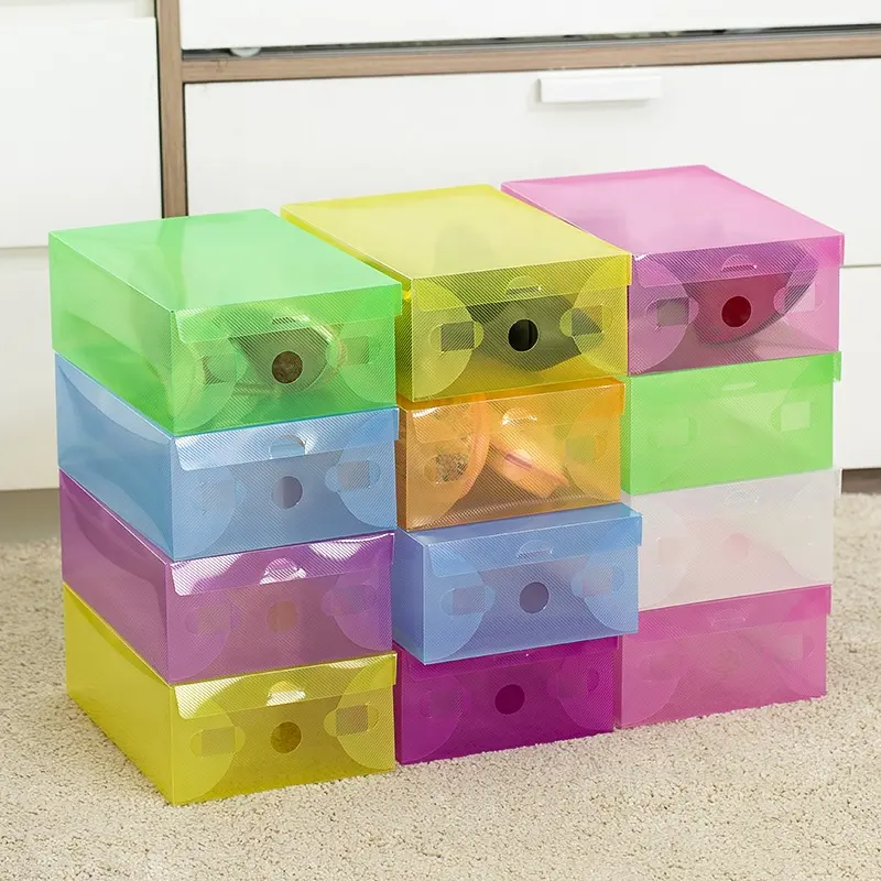 Caja de zapatos de plástico plegable, caja de zapatos de PP, colorida, transparente