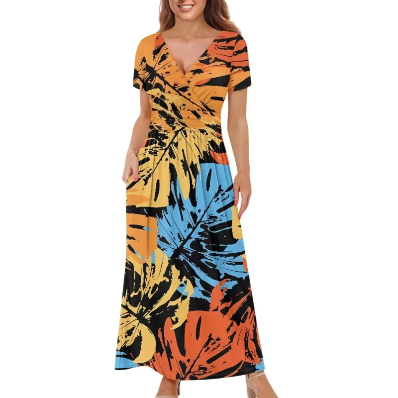 Ultimo Design foglia di palma personalizzare da donna Sexy profondo scollo a V plissettato abito in poliestere Spandex Maxi abito da donna morbido estate 2023