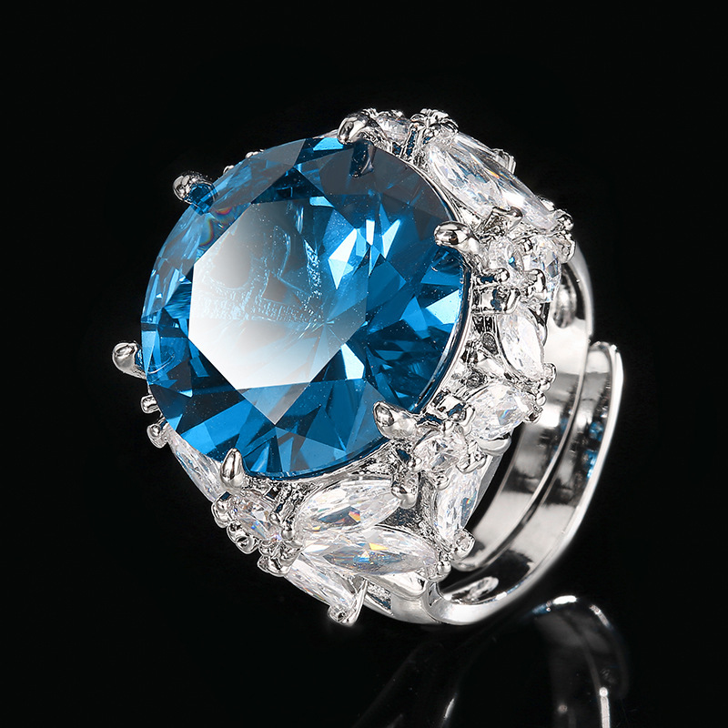 Bague en cristal pointu bleu platine, taille ajustable