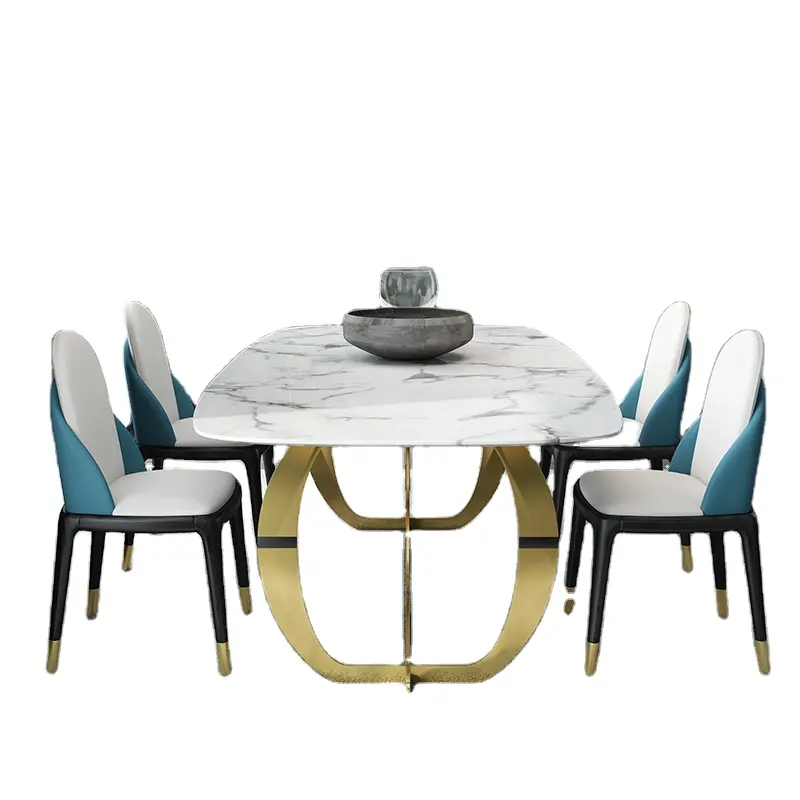 Luxury Ss Steel Furniture Marble 8 Seater Dining Room Table Set 6 Chairs Square Granit Marble Top Metal Leg Chrome Dinning Table
