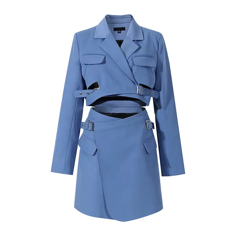 OUDINA Trendy Blue Suit Jacket Dresses High Waist Blazers Skirt One Piece Jumpsuit Blazer Dress Womans