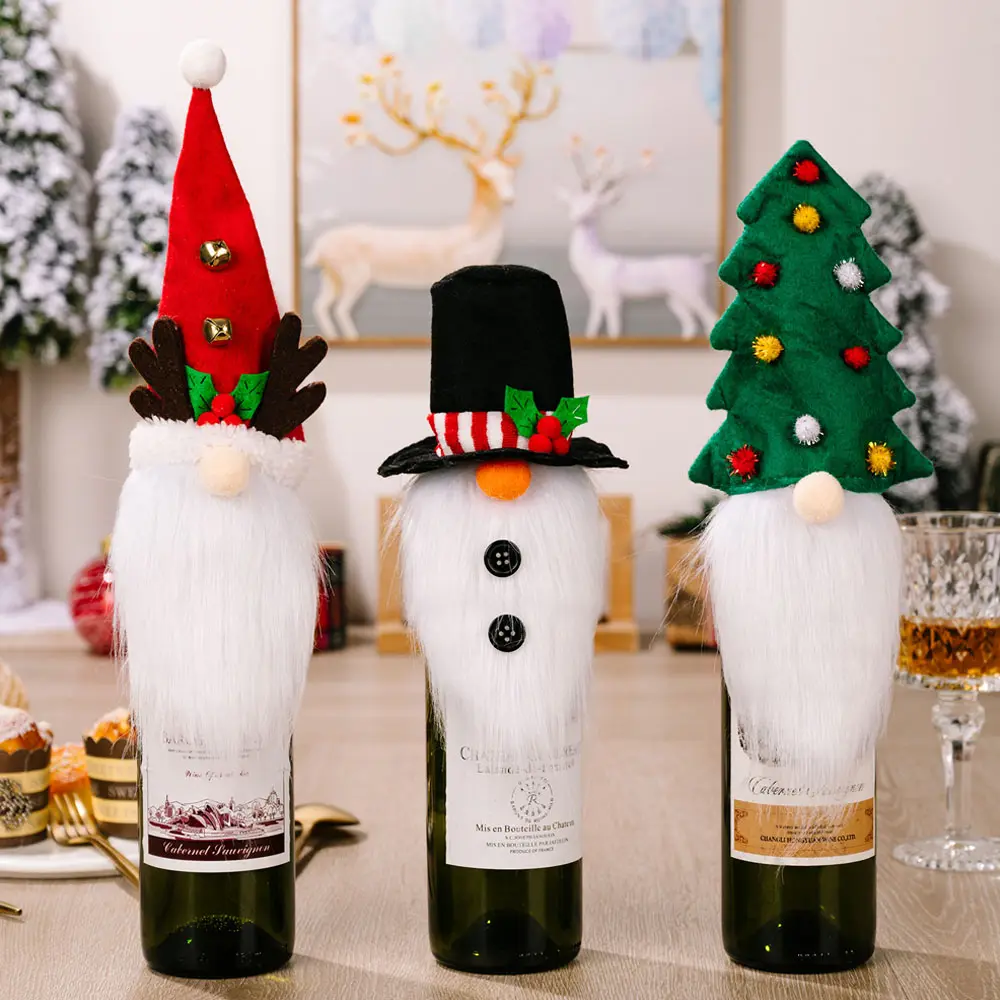 Adornos hechos a mano Papá Noel, bolsas para botellas con cordón estilo vacaciones decoraciones para el hogar regalo Navidad botella de vino cubierta/