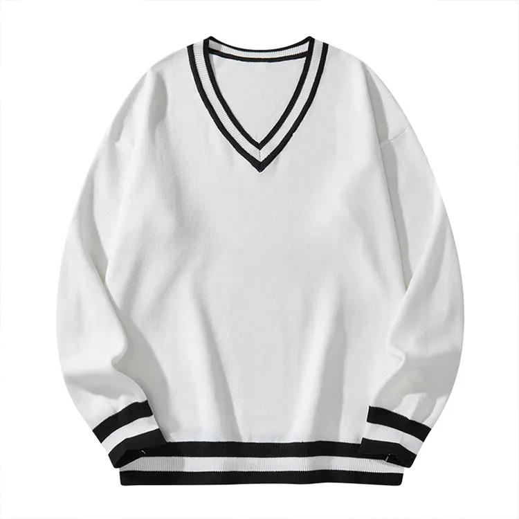 Men's fashionable sweater casual business striped jacquard craft solid color simple sweater base