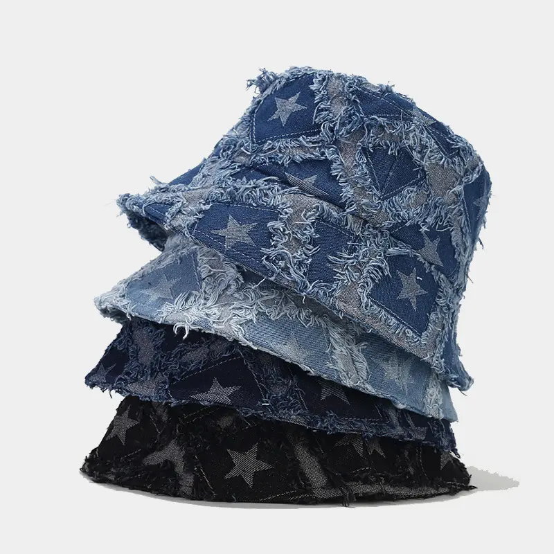 หมวกทรงถังผ้ายีนส์ลายดาวรุ่ยขาดสำหรับฤดูใบไม้ร่วงหมวกกันแดดกลางแจ้งแนวสตรีท