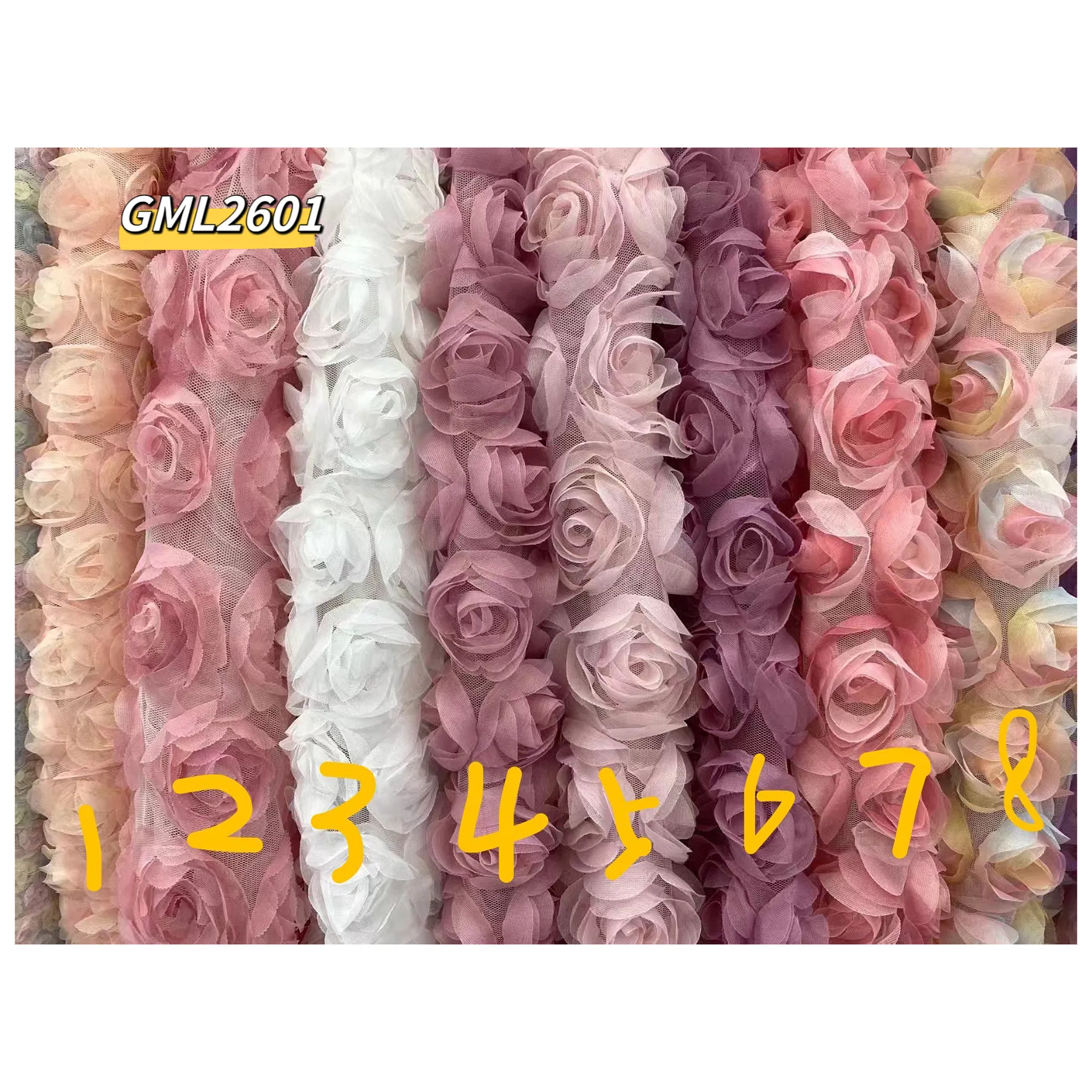 Indústria pesada malha tridimensional rosa chiffon bordado fita pano vestido gradual tule crochet casamento laço tecido