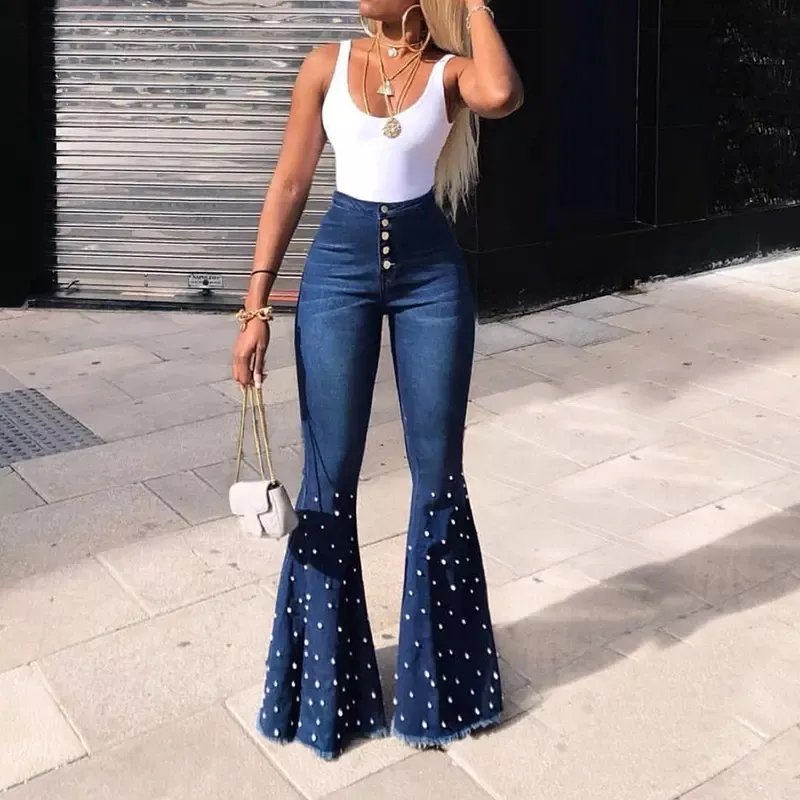 Atacado Senhoras Perna Larga calças Denim Calças jeans de alta moda Mulheres Cintura Alta Bell Bottoms pearl flare jeans