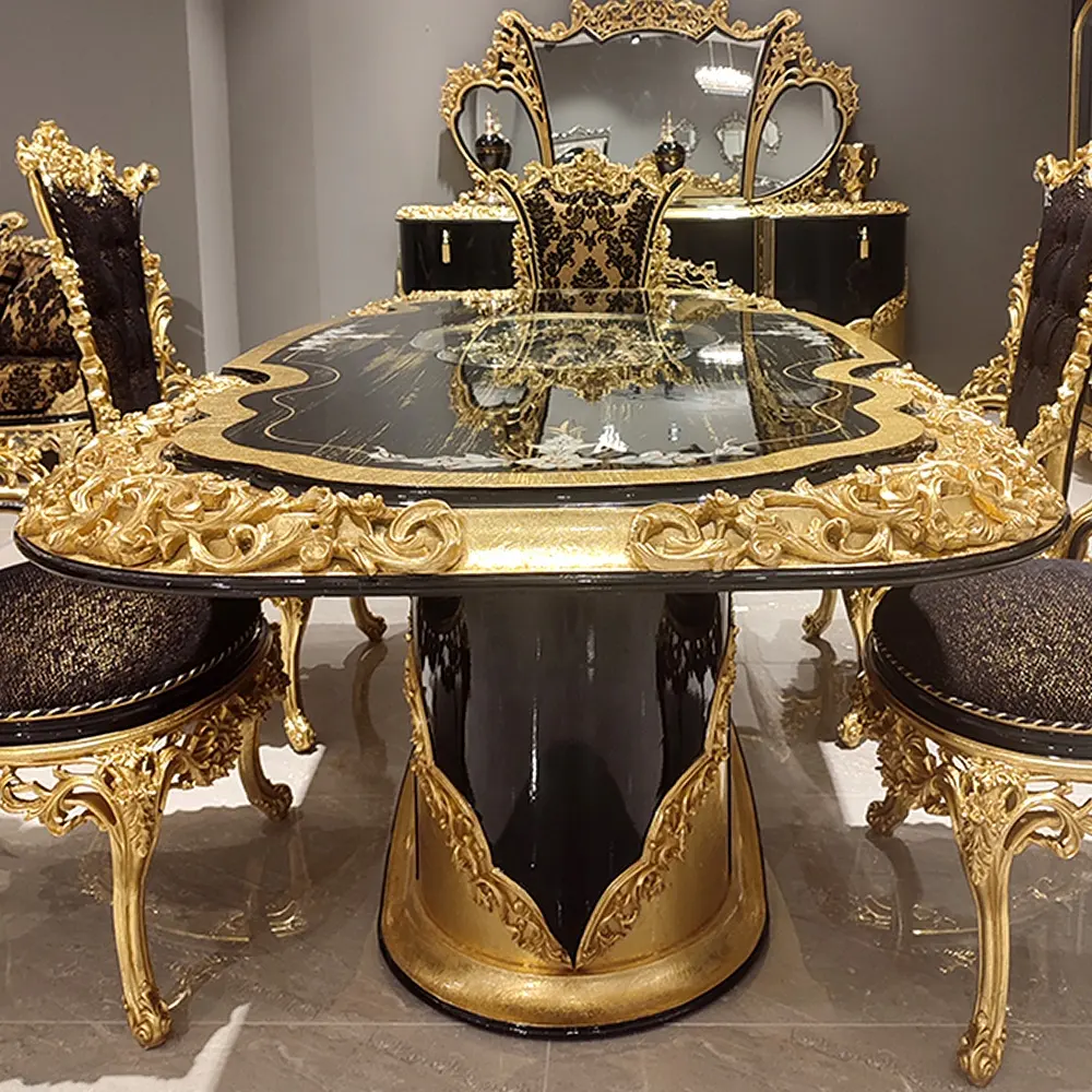 Türkische klassische Luxus antike königliche hand geschnitzte Wohnzimmer möbel Ess-Set Esstisch Stühle afrikanisches Gold schwarz grau