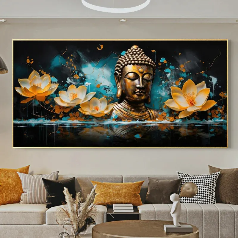 Estatua de Buda de mentira dorada reclinada moderna, pintura en lienzo, arte de pared, carteles de arte religioso e impresiones para decoración para sala de estar