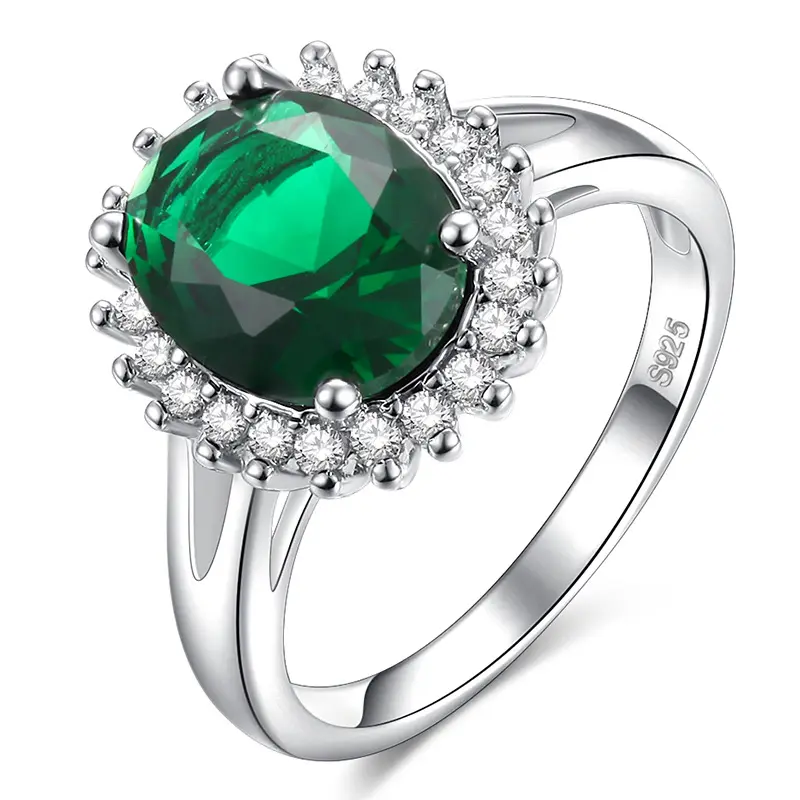 Fede nuziale da donna in argento Sterling 925 con smeraldo verde e smeraldo verde