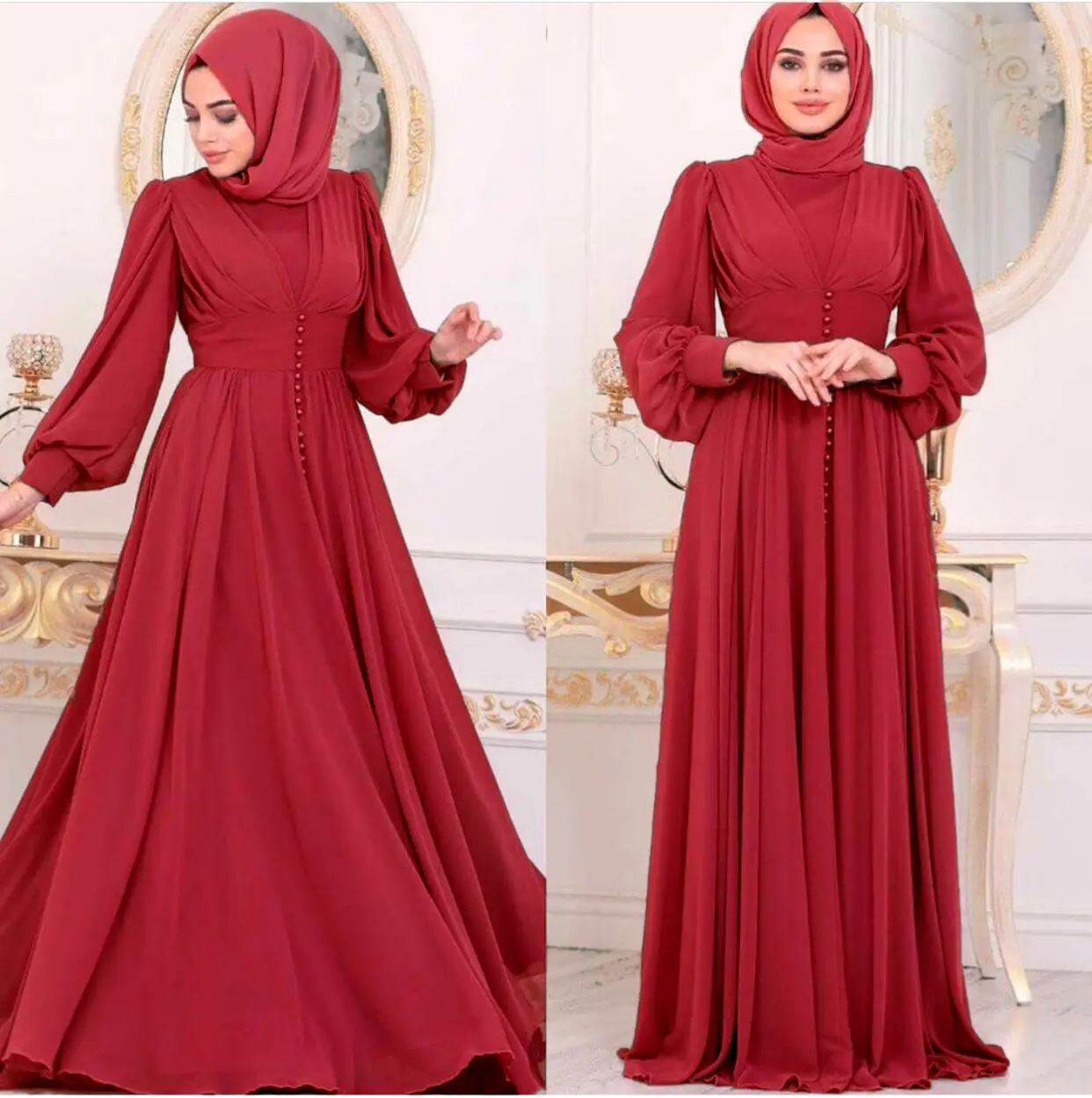 Yeni moda orta doğu müslüman kadın elbise Robe katı şifon tırnak boncuklu bel elbise
