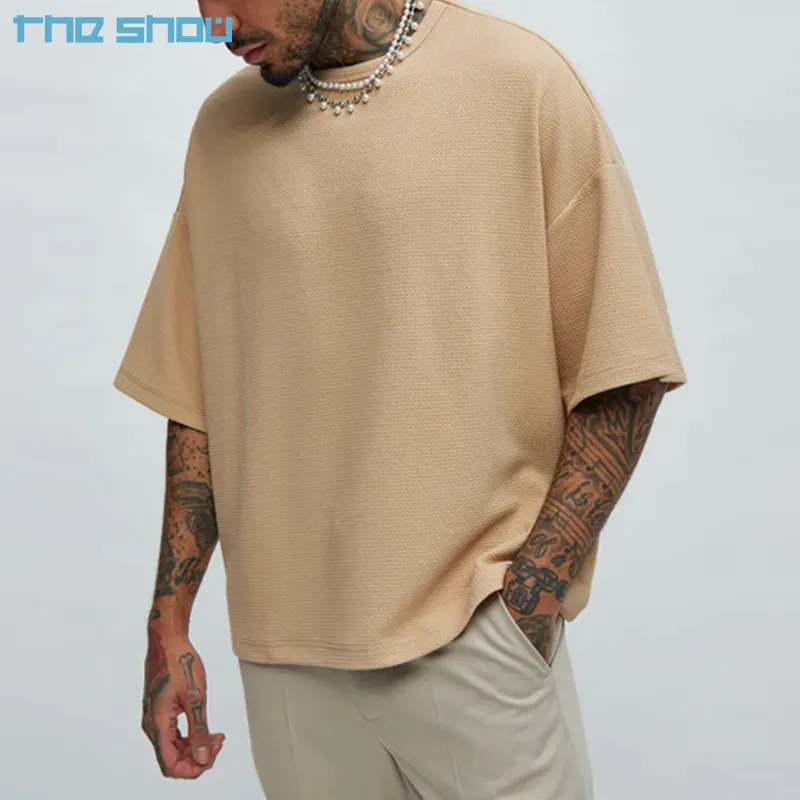 T-shirt personnalisé de haute qualité pour hommes, col rond, loisirs, couleur unie, mode gaufré, tissu texturé, T-shirt grande taille Boxy