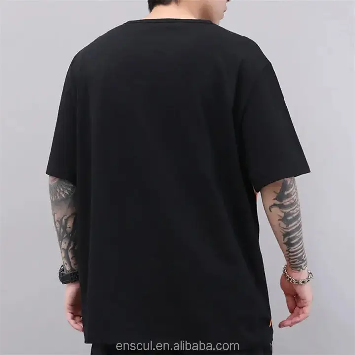 Özel Logo siyah yuvarlak boyun damla omuz T Shirt ağır ağırlık % 100% pamuk baskılı mektup grafik Streetwear t-shirt