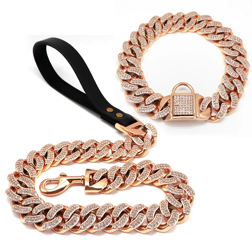 Stainless Steel Chunky Dog Cuban Chain Plated 18k Silver Diamond Pet Collar and Leash
