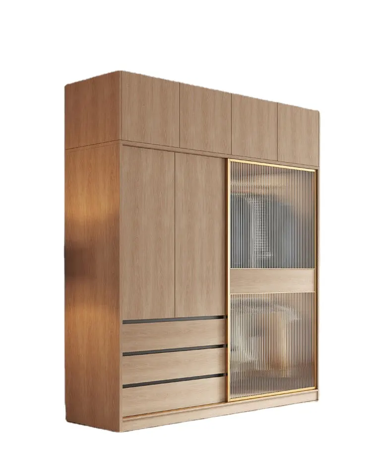 Mobili in vetro temperato camera da letto vestiti porta scorrevole ultimo Design armadio personalizzato armadio in legno con armadietto laterale