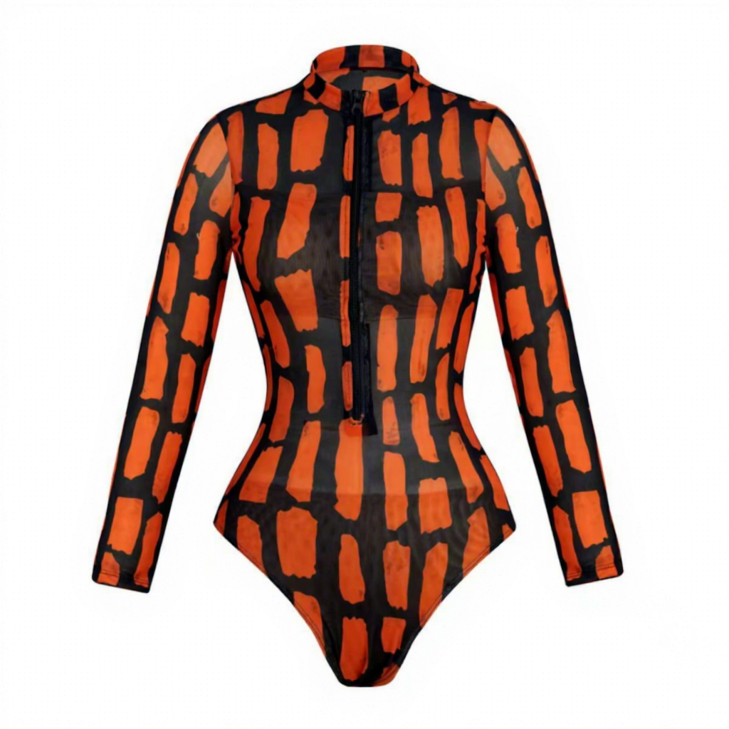 Maillot de bain zippé rayé orange et noir