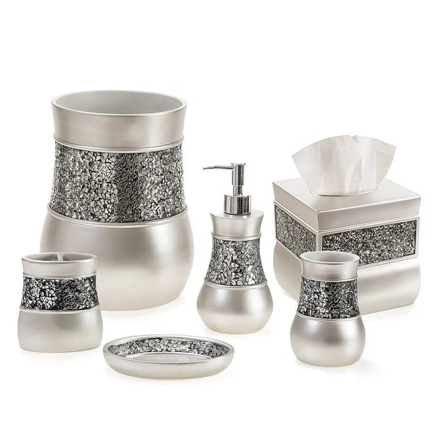 Elegante Grigio Mosaico Di Vetro di Marmo Effetto Del Diamante di Accessori Per il Bagno Set